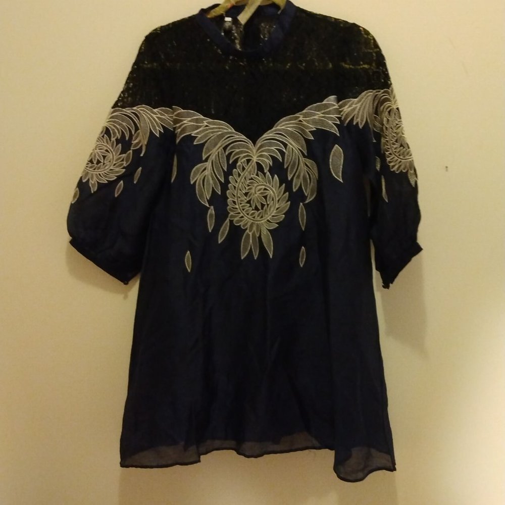 Pretty Navy Dress with Black Lace and White Vine Embroidery